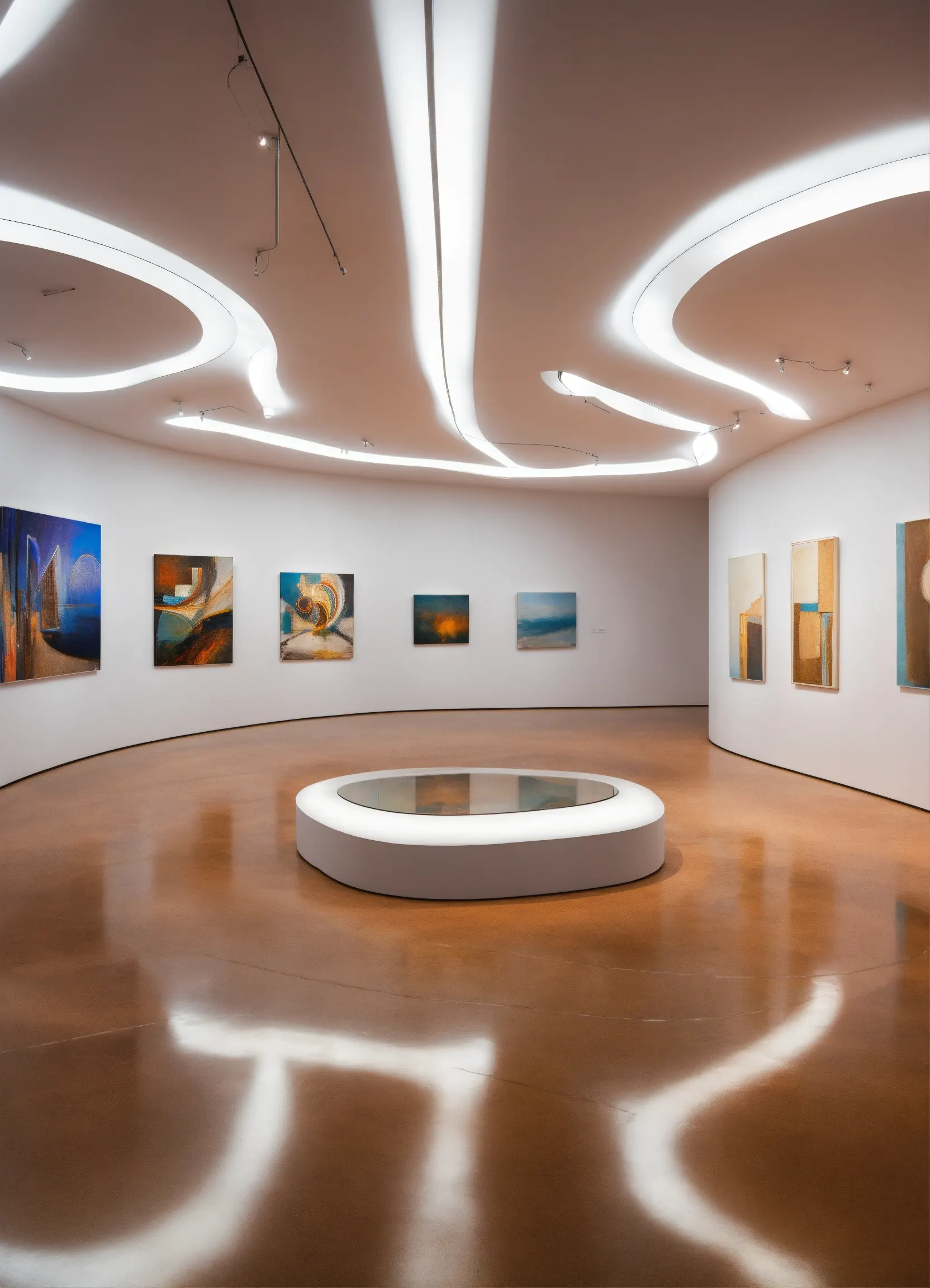 Modern living room with reflective ceiling panels